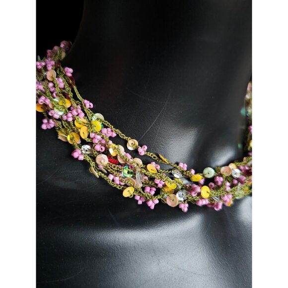 Crochet Bead Pink/Green/Yellow Necklace - Picture 2 of 9